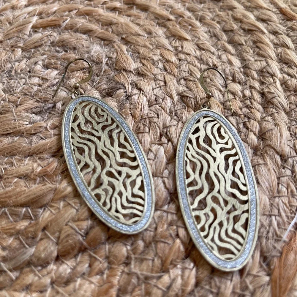 Gold Tone Filigree Oval Drop Earrings‎ with Silver Glitter Border Boho Statement